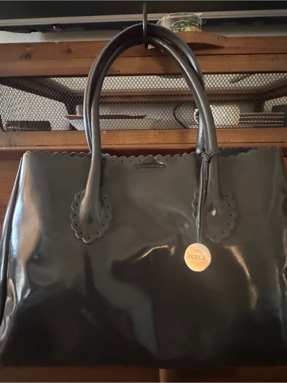 FURLA - Dark Gray Shiny Patent Italian Leather Tote with Scalloped Trim